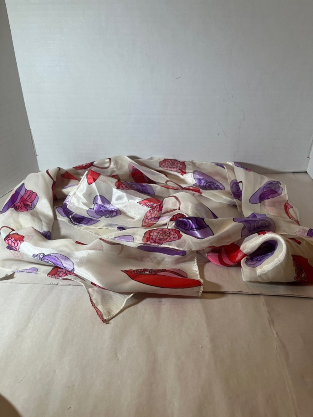 Silk-Look Floral Scarf in Cream with Purple & Red Motifs  Red Hat collector